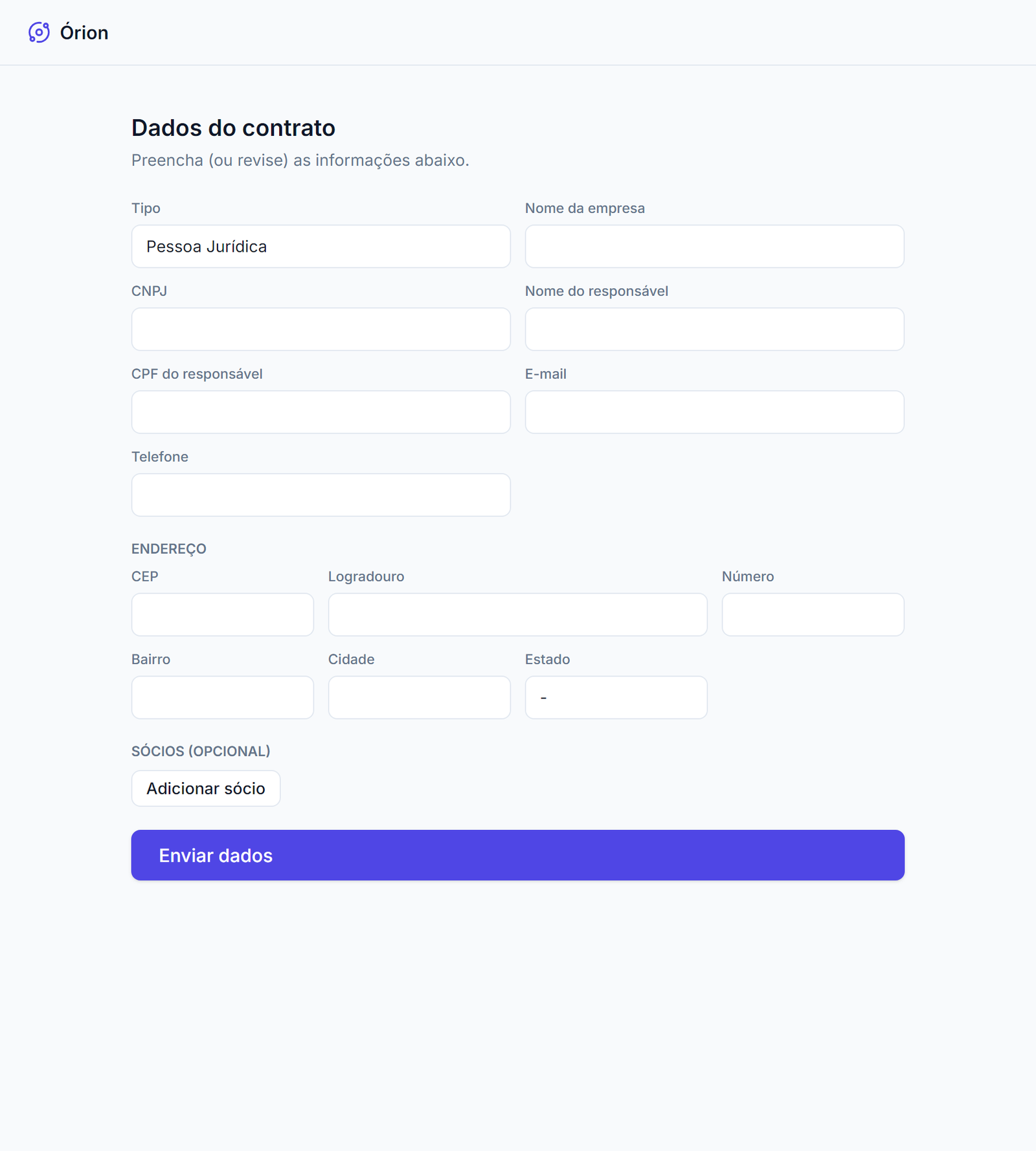 Formulário público de dados de contrato do Órion, com campos de empresa, responsável e endereço