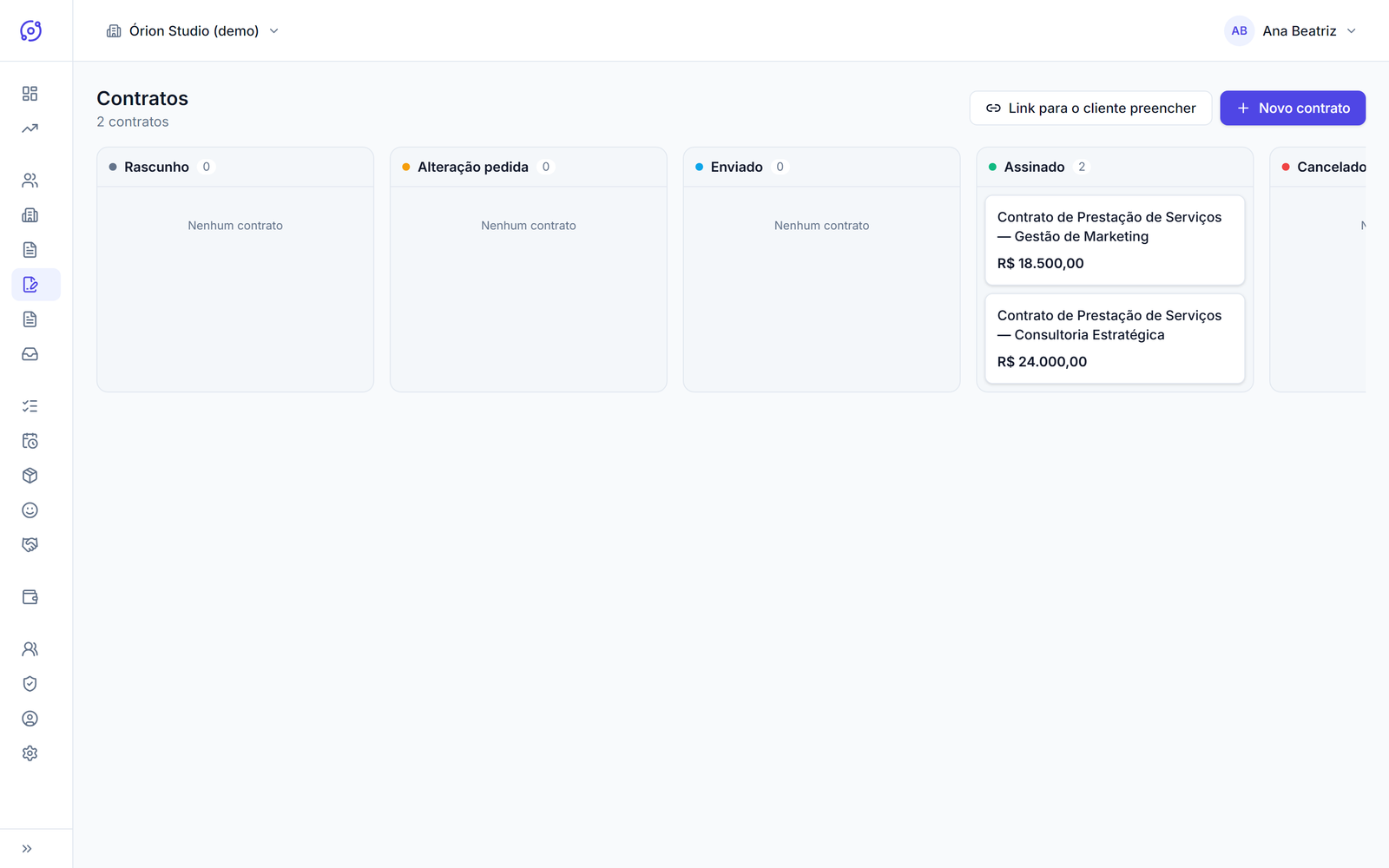 Quadro de contratos do Órion com status Rascunho, Enviado, Assinado e botão para gerar link do cliente preencher