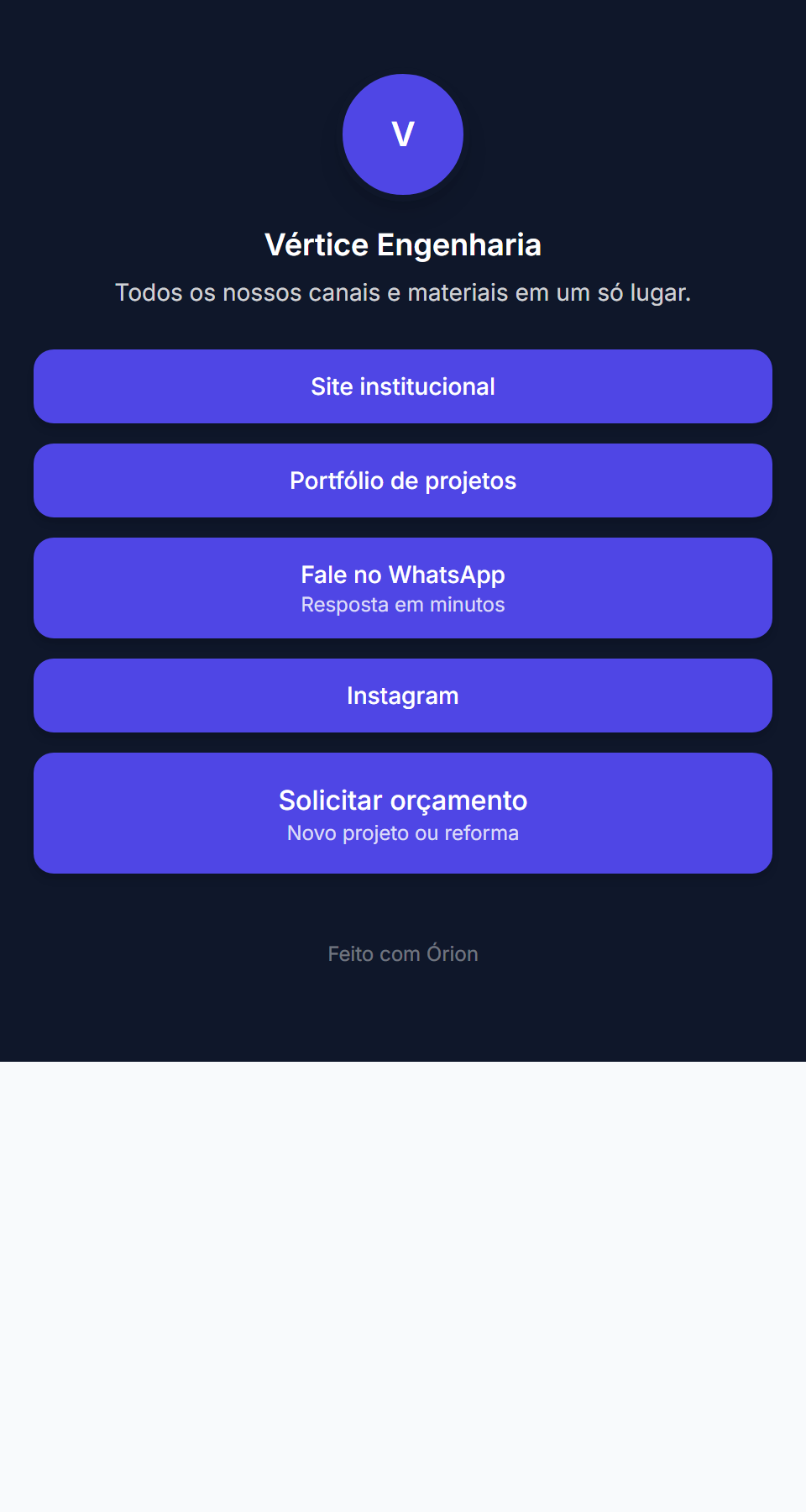 Página pública de link na bio de um cliente do Órion, com botões para site, portfólio, WhatsApp e orçamento