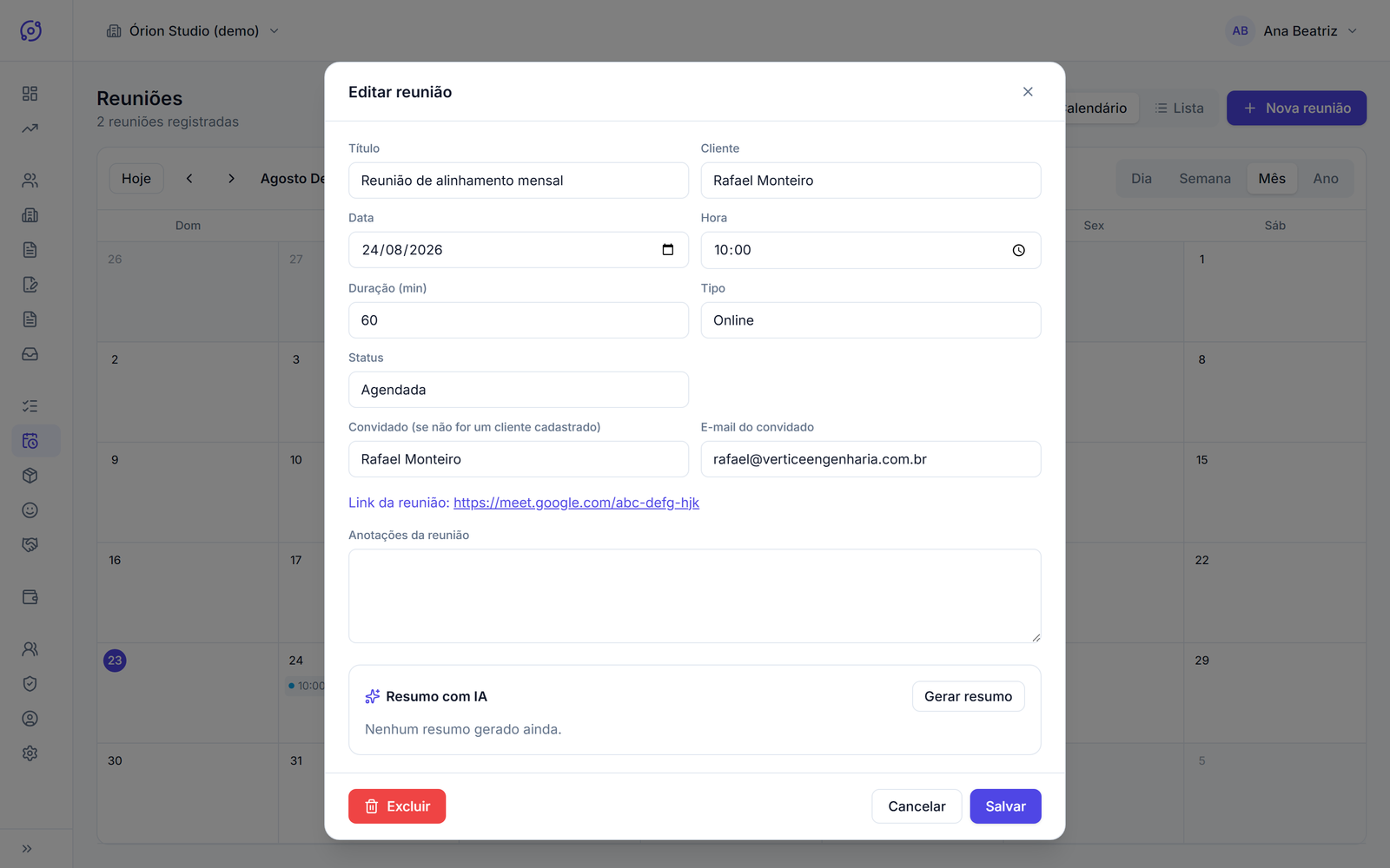 Tela de edição de reunião no Órion com link do Google Meet gerado automaticamente